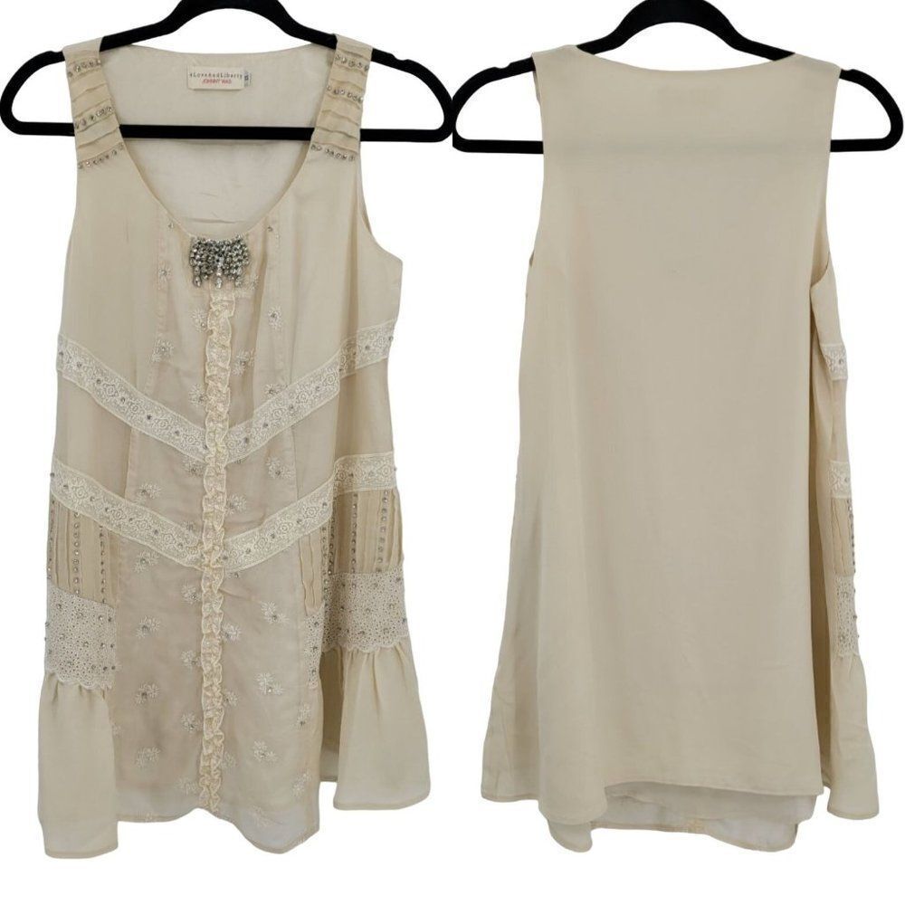 4 Love and Liberty Dress Silk Sleeveless Mini Shift Rhinestone Lace‎ Cream XS